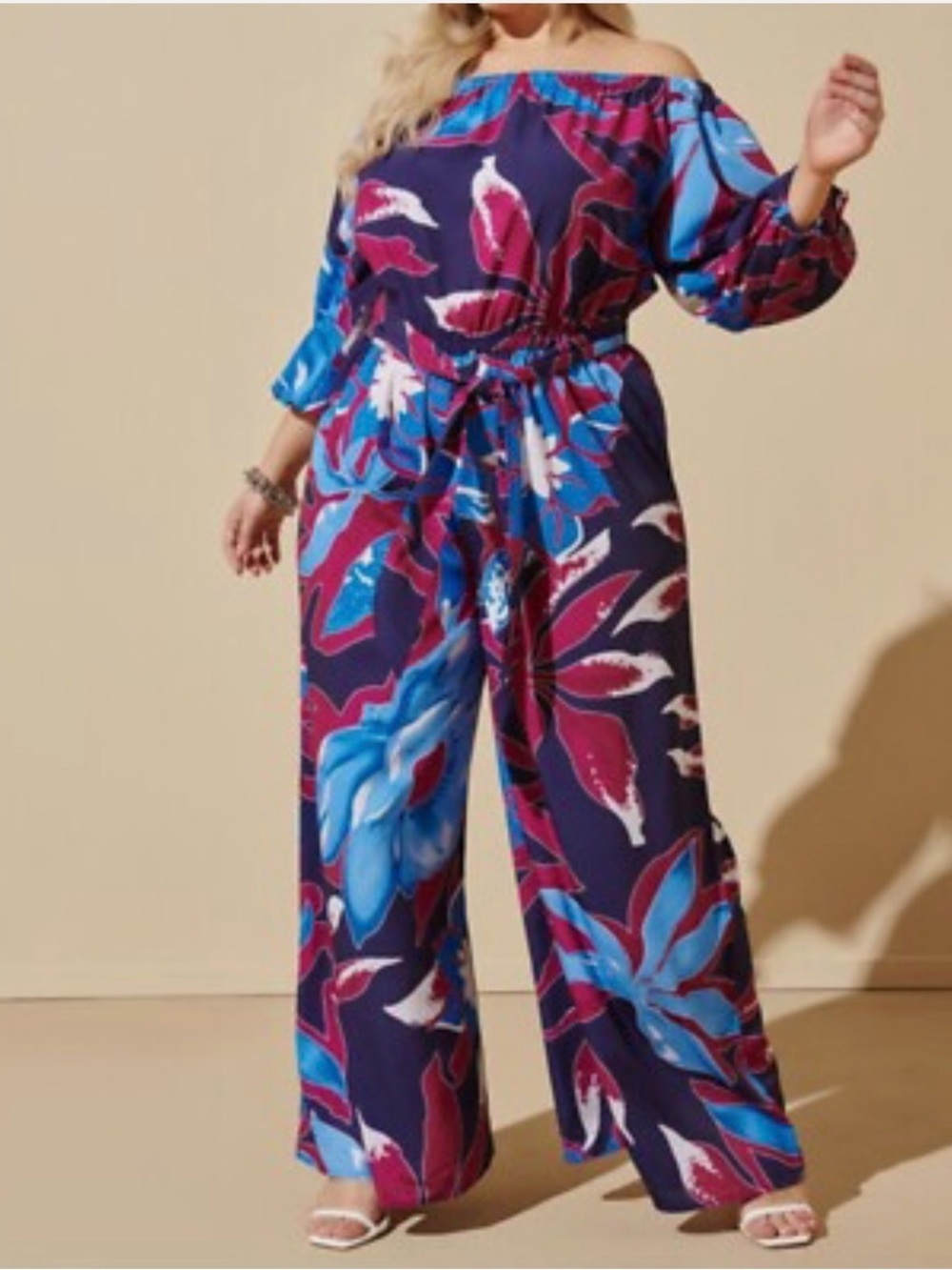 Ashley Stewart Off-Shoulder Floral Jumpsuit in Navy, Blue & Magenta